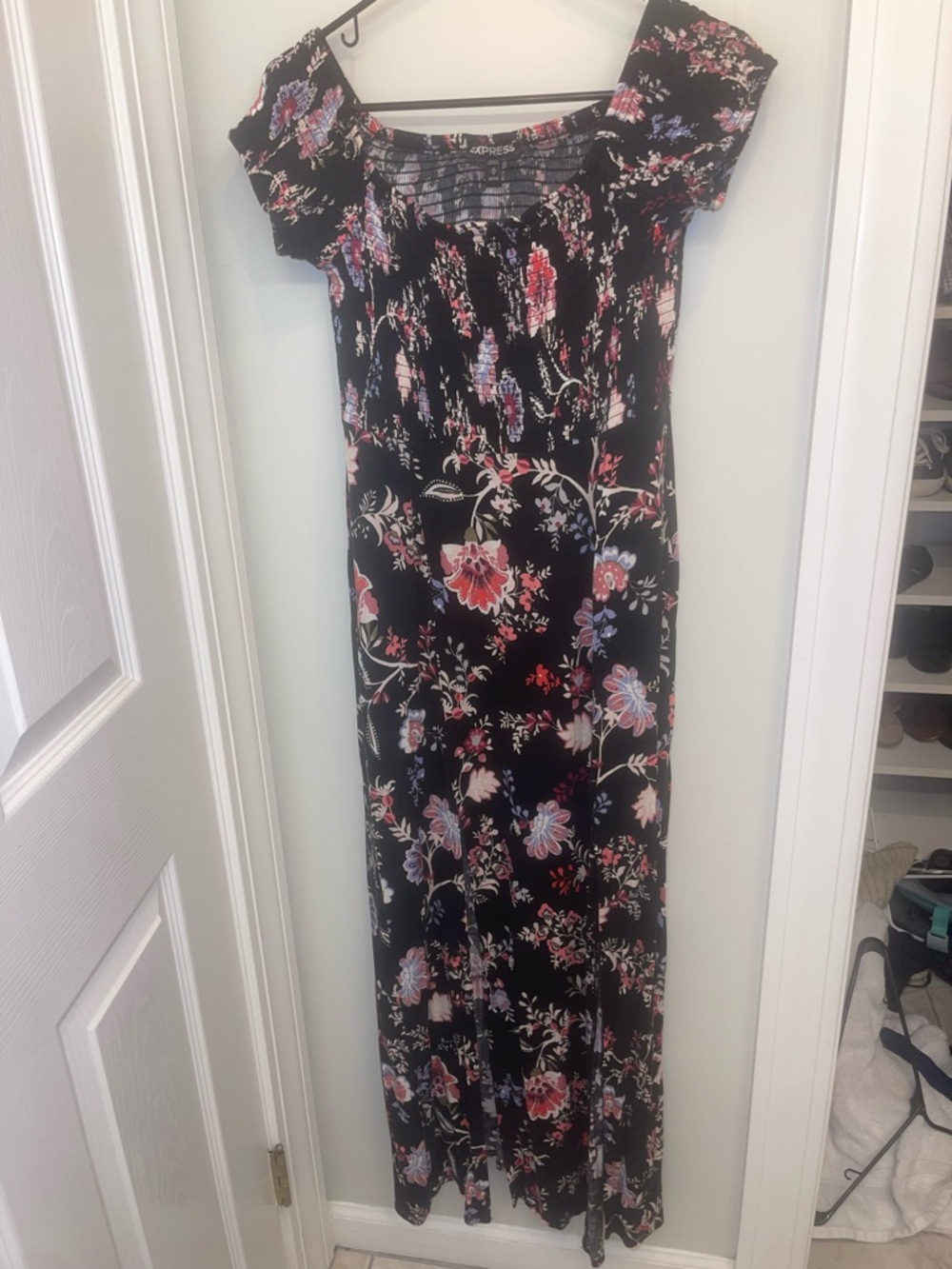 Express Black Maxi Dress with Pink and Lavender Floral Print